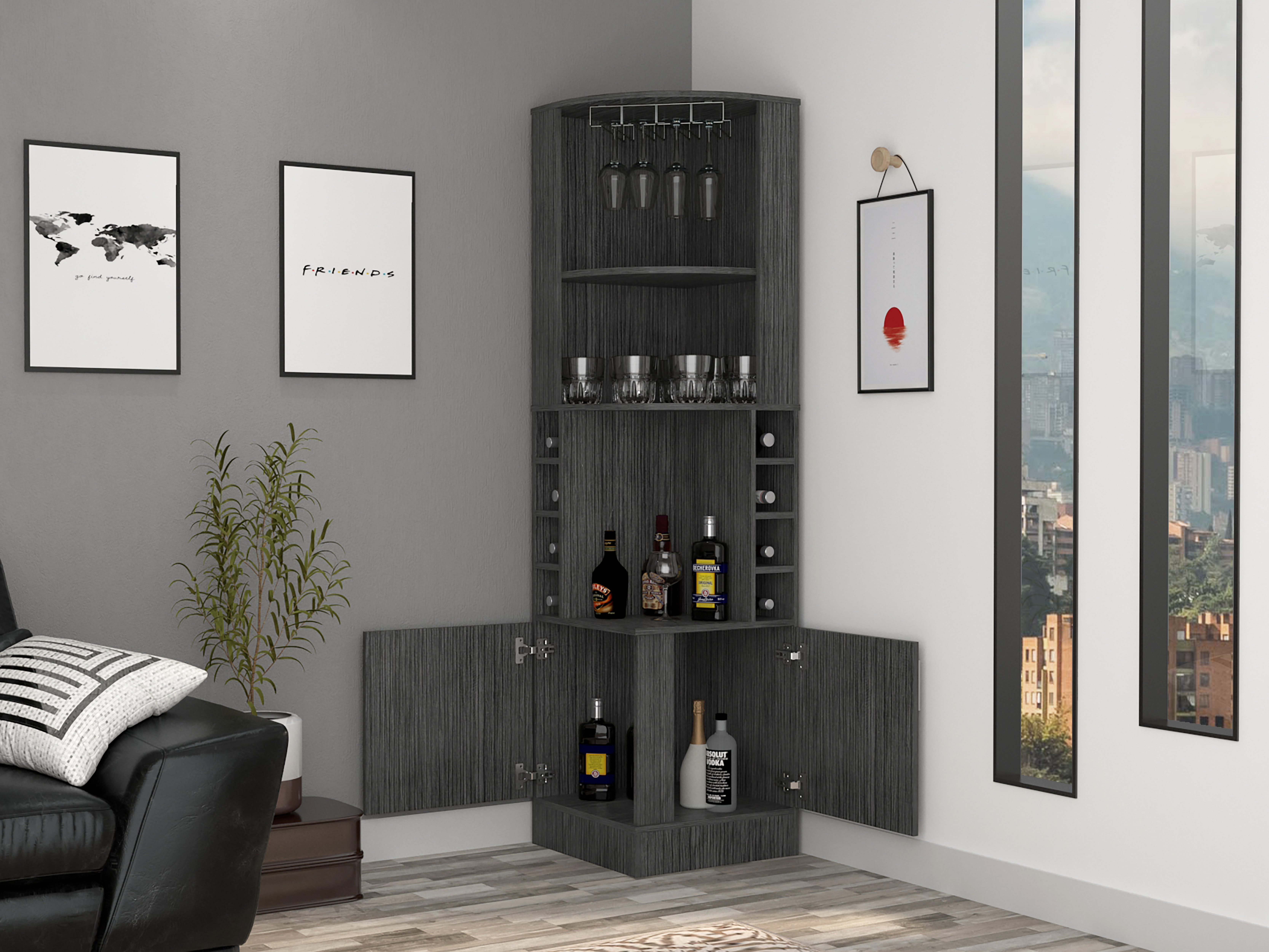 Syrah Corner Bar Cabinet, Eight Bottle Cubbies, Double Door, Two Open Shelves -Smokey Oak